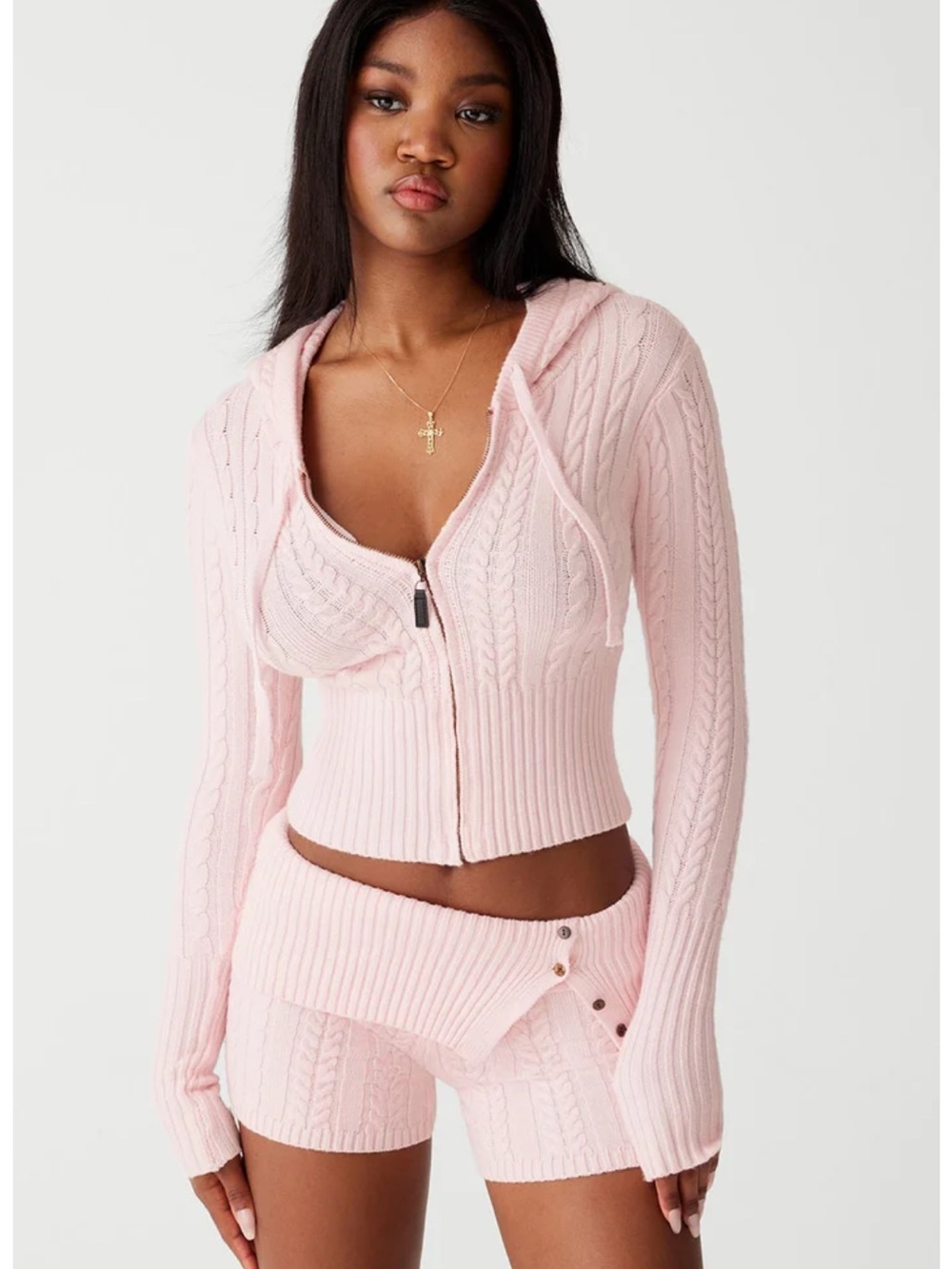Frankie's Bikinis Light Pink Cable-Knit V-Neck Zip Hoodie